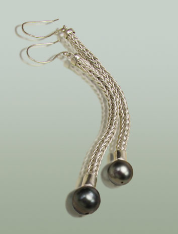 Sterling silver drop earrings with black pearls